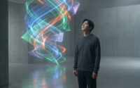 Un homme regarde avec émerveillement une spirale de lumière colorée et abstraite dans un espace minimaliste en béton.