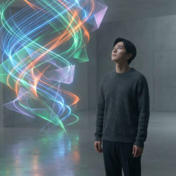 Un homme regarde avec émerveillement une spirale de lumière colorée et abstraite dans un espace minimaliste en béton.