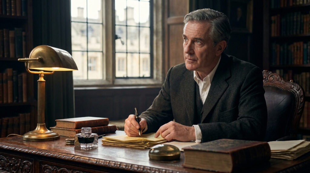 Roger Peyrefitte écrit à un bureau en bois ancien, entouré de livres. Il tient une plume, l'air pensif, sous une lampe de bronze.