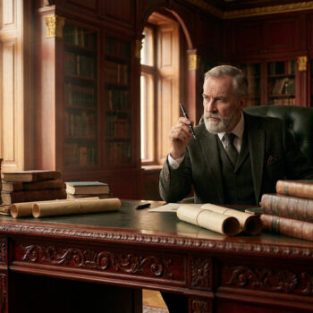 Homme âgé à barbe grise, costume tweed, assis à un grand bureau en bois sculpté dans une bibliothèque, stylo à la main, pensif.