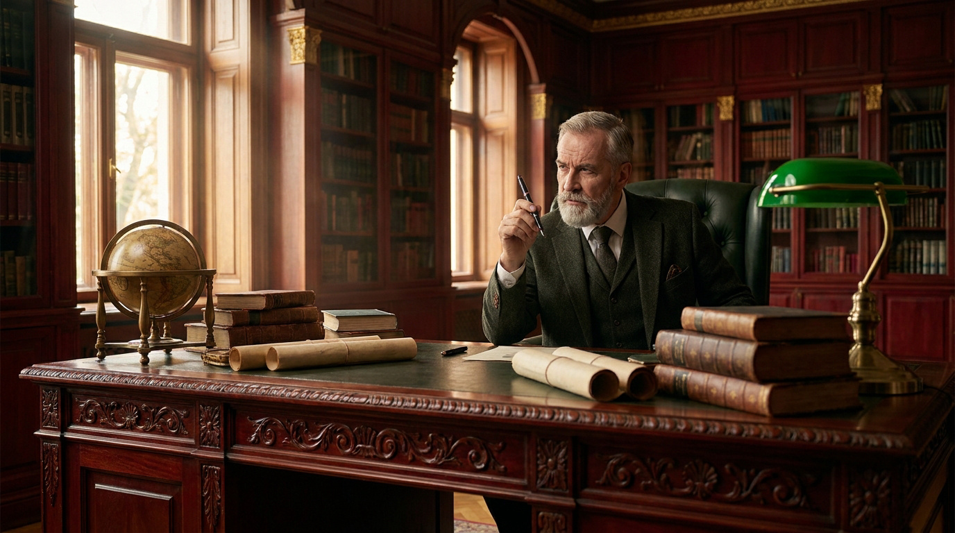 Homme âgé à barbe grise, costume tweed, assis à un grand bureau en bois sculpté dans une bibliothèque, stylo à la main, pensif.