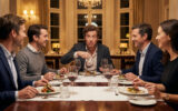 Un homme expressif au centre d'une table, entouré d'invités lors d'un dîner élégant, évoquant le film Le Dîner de cons.