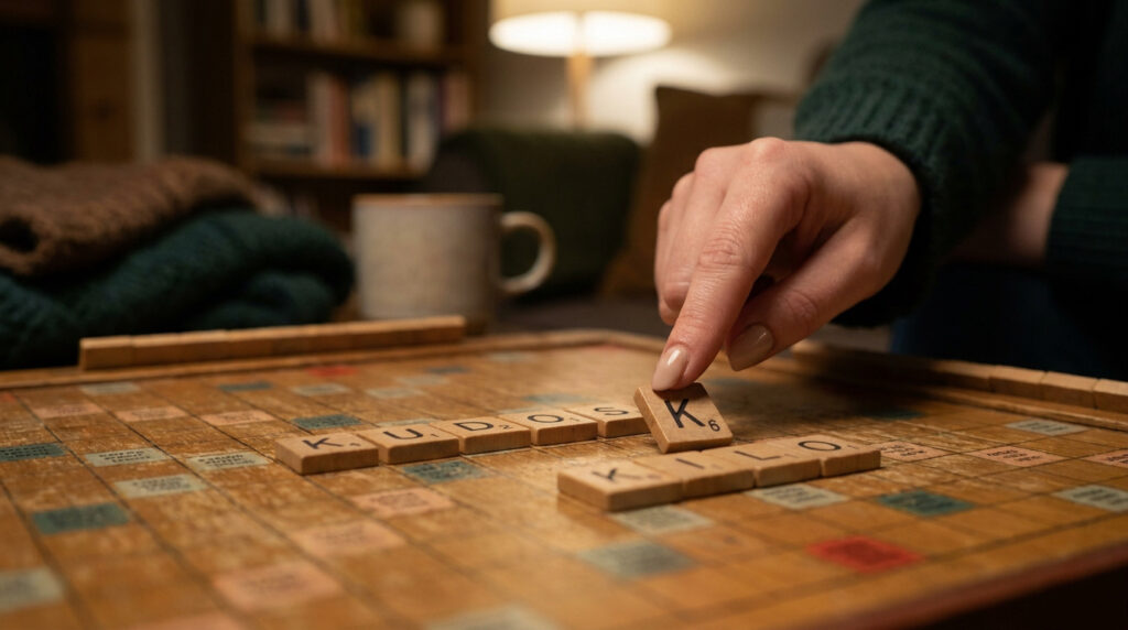 Une main place une lettre K sur un plateau de jeu en bois pour former des mots commençant par la lettre K.