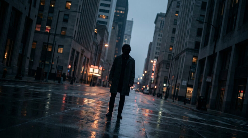 Un homme en manteau se tient seul au milieu d'une rue mouillée et sombre, entouré de grands bâtiments urbains éclairés.