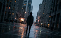 Un homme en manteau se tient seul au milieu d'une rue mouillée et sombre, entouré de grands bâtiments urbains éclairés.