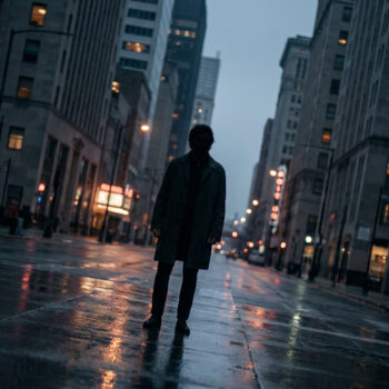 Un homme en manteau se tient seul au milieu d'une rue mouillée et sombre, entouré de grands bâtiments urbains éclairés.