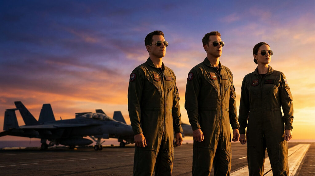 Trois pilotes (deux hommes, une femme) en combinaison de vol et lunettes de soleil sur un porte-avions au coucher du soleil, avec des jets en fond.