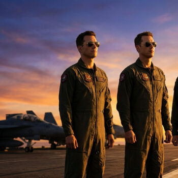 Trois pilotes (deux hommes, une femme) en combinaison de vol et lunettes de soleil sur un porte-avions au coucher du soleil, avec des jets en fond.