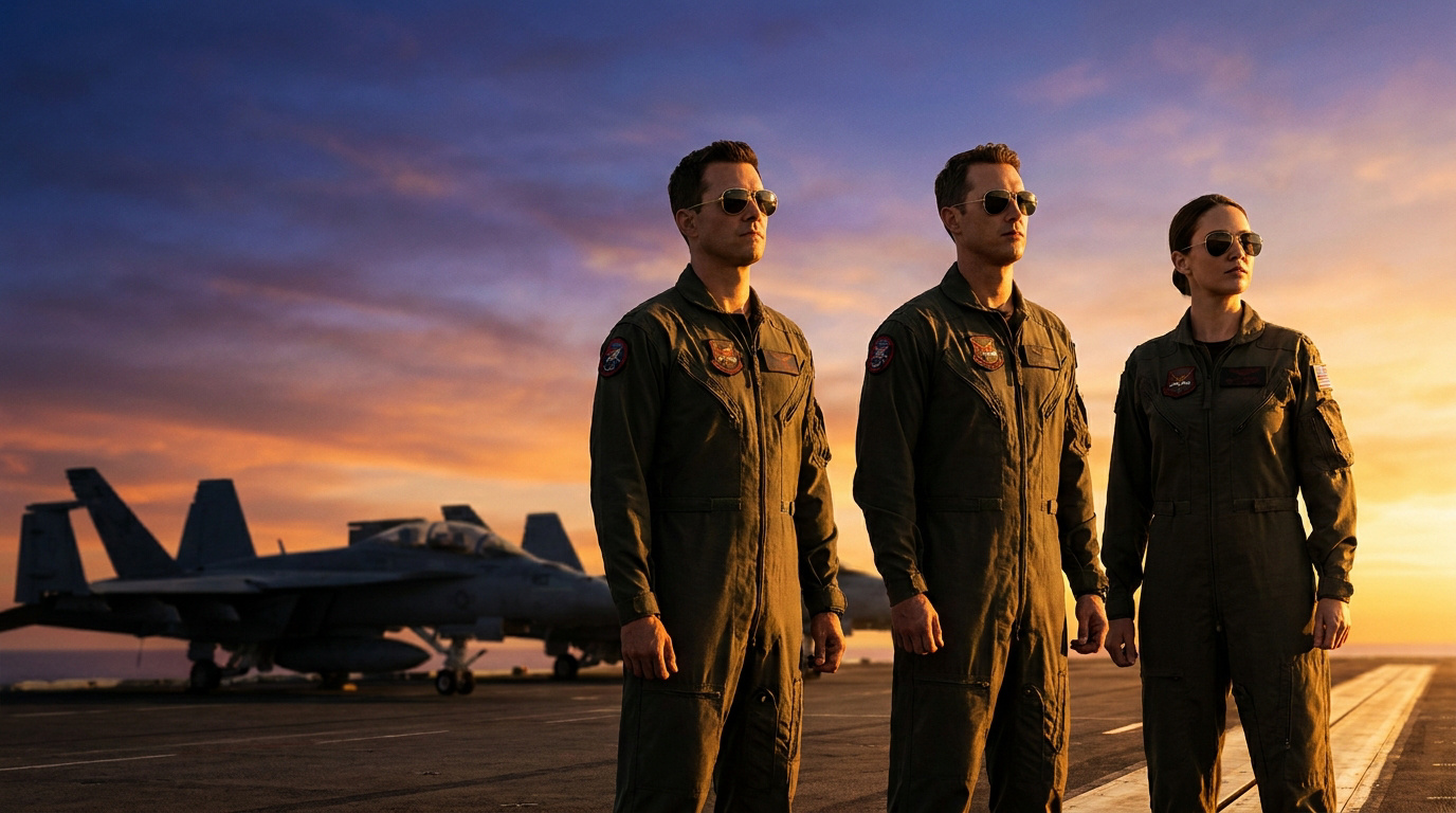 Trois pilotes (deux hommes, une femme) en combinaison de vol et lunettes de soleil sur un porte-avions au coucher du soleil, avec des jets en fond.
