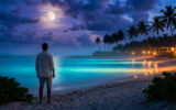 Un homme debout sur une plage tropicale au clair de lune, regardant l'océan la nuit sous un ciel étoilé et nuageux.