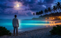 Un homme debout sur une plage tropicale au clair de lune, regardant l'océan la nuit sous un ciel étoilé et nuageux.
