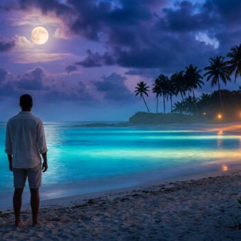 Un homme debout sur une plage tropicale au clair de lune, regardant l'océan la nuit sous un ciel étoilé et nuageux.