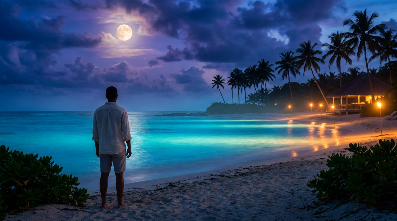 Un homme debout sur une plage tropicale au clair de lune, regardant l'océan la nuit sous un ciel étoilé et nuageux.