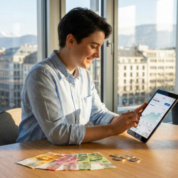 Une personne consulte un graphique financier sur une tablette avec des billets de banque suisses devant elle.