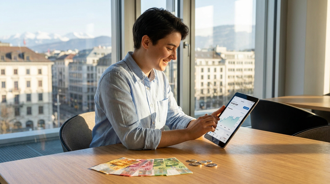 Une personne consulte un graphique financier sur une tablette avec des billets de banque suisses devant elle.