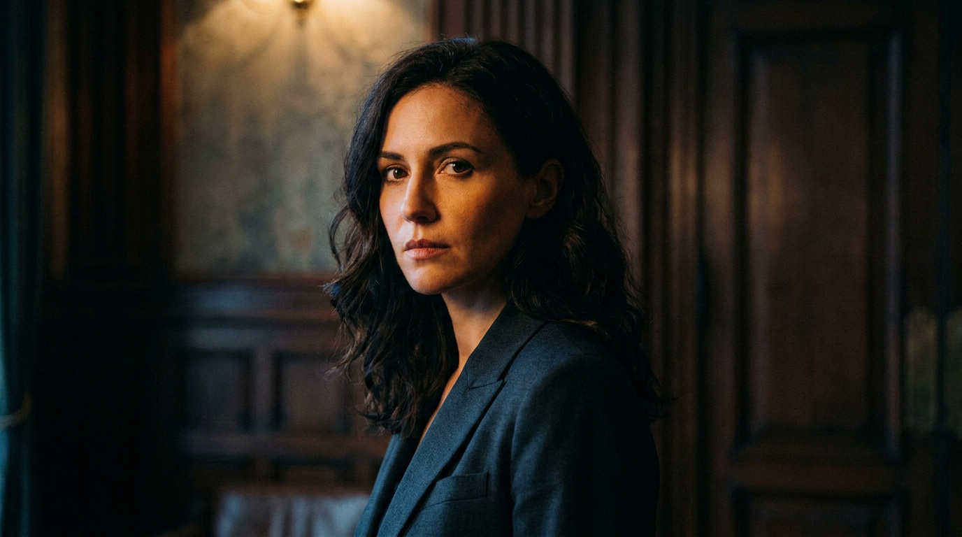 Portrait de l'actrice Hannah Gross regardant intensément l'objectif dans un décor sombre et boisé.