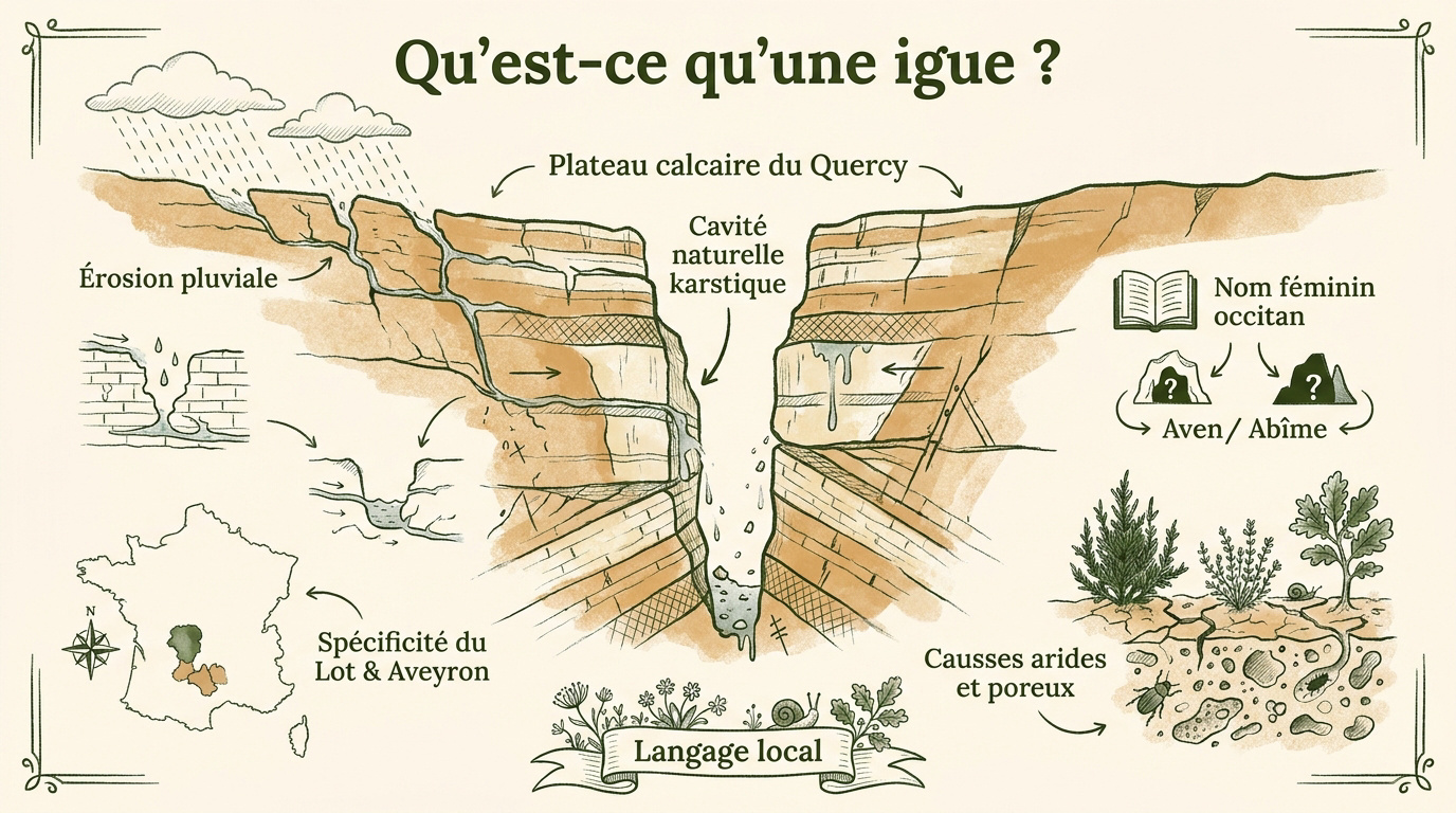 Infographie géologique expliquant la formation d'une igue dans le calcaire du Quercy