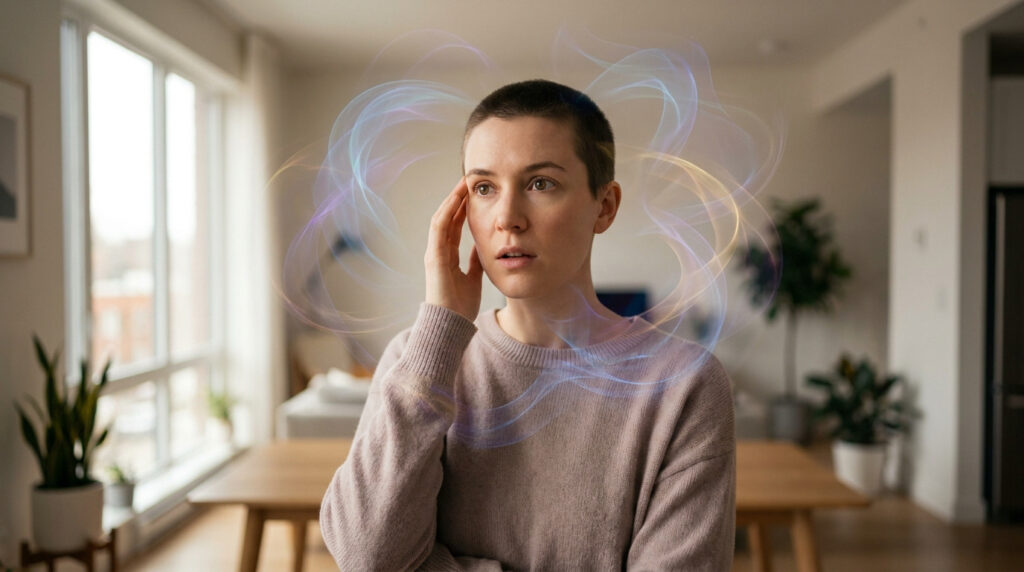 Une personne aux cheveux courts avec des ondes lumineuses autour de la tête, illustrant une saturation sensorielle.