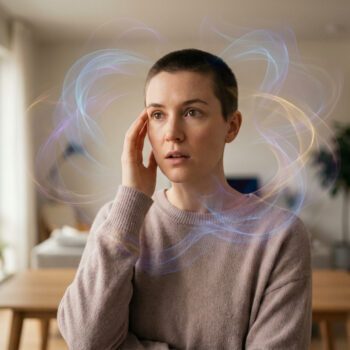 Une personne aux cheveux courts avec des ondes lumineuses autour de la tête, illustrant une saturation sensorielle.