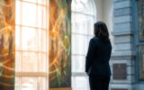 Une femme en tailleur sombre vue de dos, contemplant une fresque murale lumineuse dans un hall d'entrée.