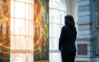 Une femme en tailleur sombre vue de dos, contemplant une fresque murale lumineuse dans un hall d'entrée.