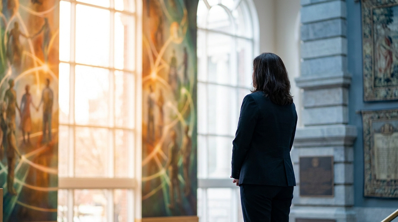 Une femme en tailleur sombre vue de dos, contemplant une fresque murale lumineuse dans un hall d'entrée.