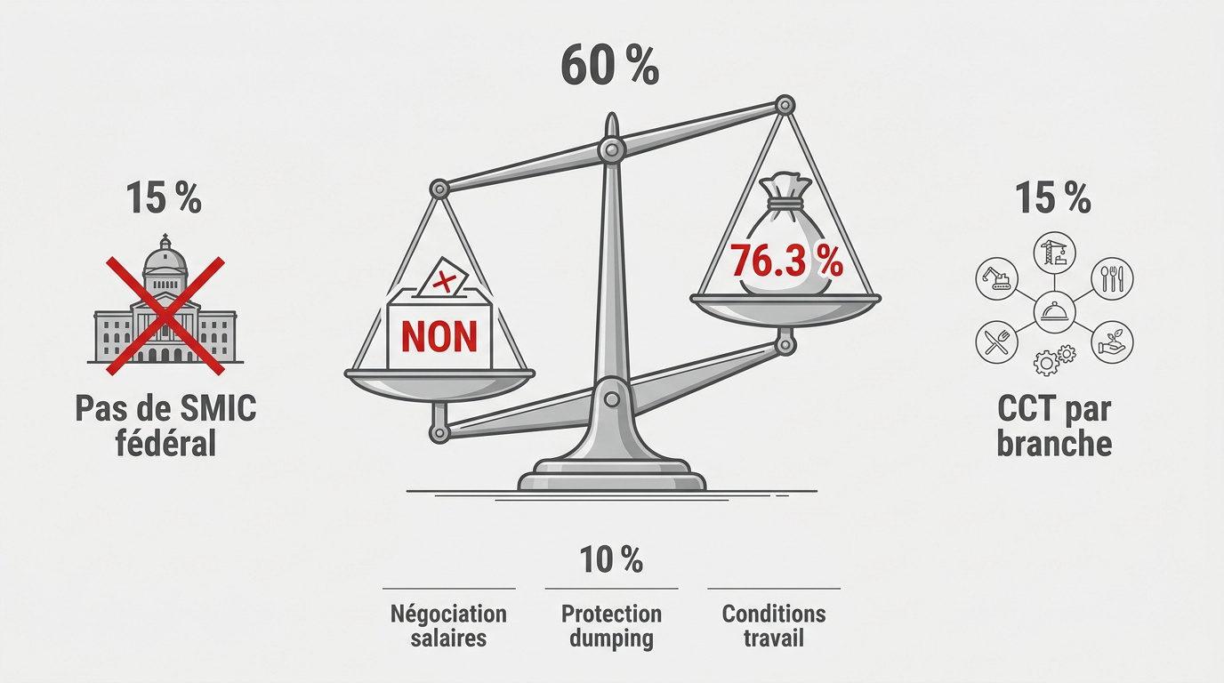 Graphique montrant le rejet du salaire minimum fédéral en Suisse à 76,3 % lors de la votation de 2014