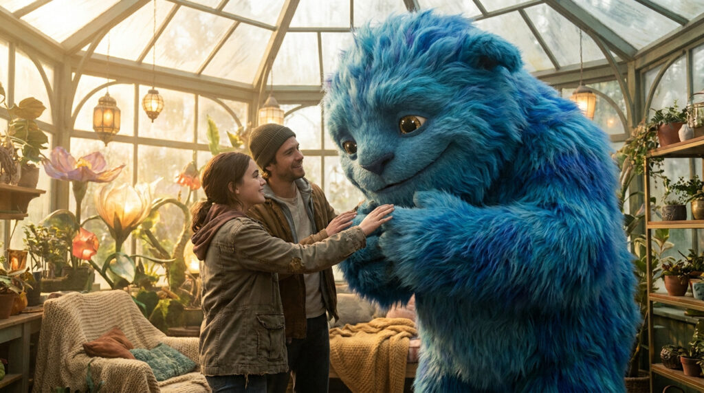 Ryan Reynolds et une jeune fille interagissent avec Blue, une grande créature bleue poilue dans une serre.