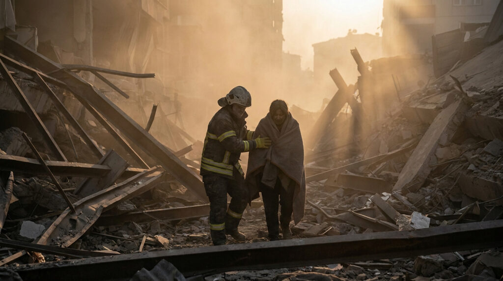 Un pompier aide une femme enveloppée dans une couverture à marcher au milieu des décombres fumants après une catastrophe.