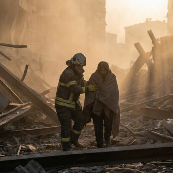 Un pompier aide une femme enveloppée dans une couverture à marcher au milieu des décombres fumants après une catastrophe.