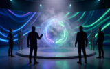 Groupe observant un polyèdre holographique lumineux dans un studio high-tech.