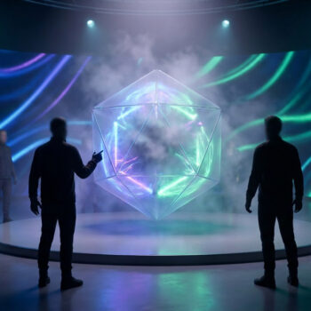 Groupe observant un polyèdre holographique lumineux dans un studio high-tech.