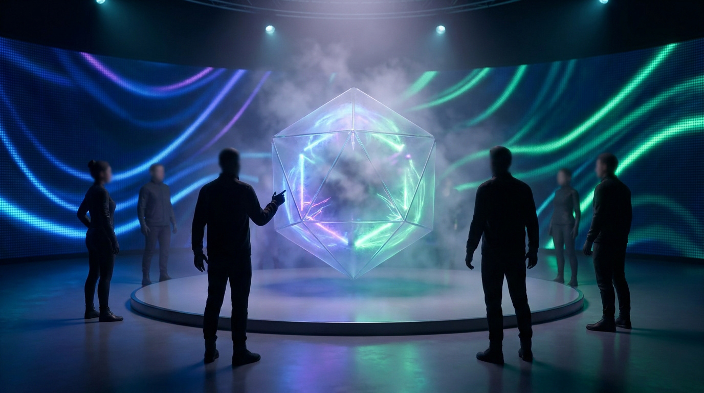 Groupe observant un polyèdre holographique lumineux dans un studio high-tech.