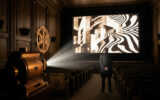 Un vieux projecteur illumine un écran affichant une image abstraite noir et blanc dans une salle de cinéma vide. Un homme de dos regarde.