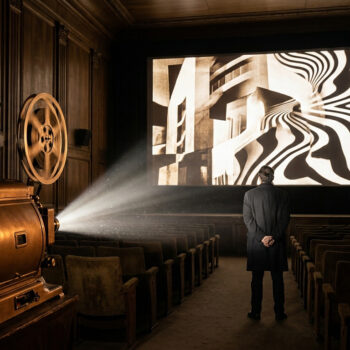Un vieux projecteur illumine un écran affichant une image abstraite noir et blanc dans une salle de cinéma vide. Un homme de dos regarde.