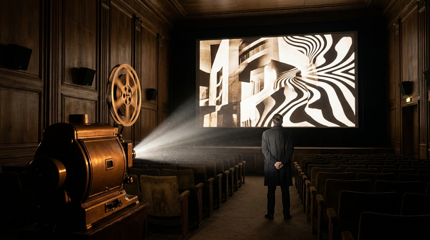 Un vieux projecteur illumine un écran affichant une image abstraite noir et blanc dans une salle de cinéma vide. Un homme de dos regarde.