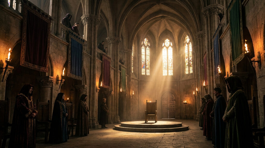 Une salle de cérémonie sombre et médiévale avec un trône vide baigné par un rayon de soleil traversant des vitraux.