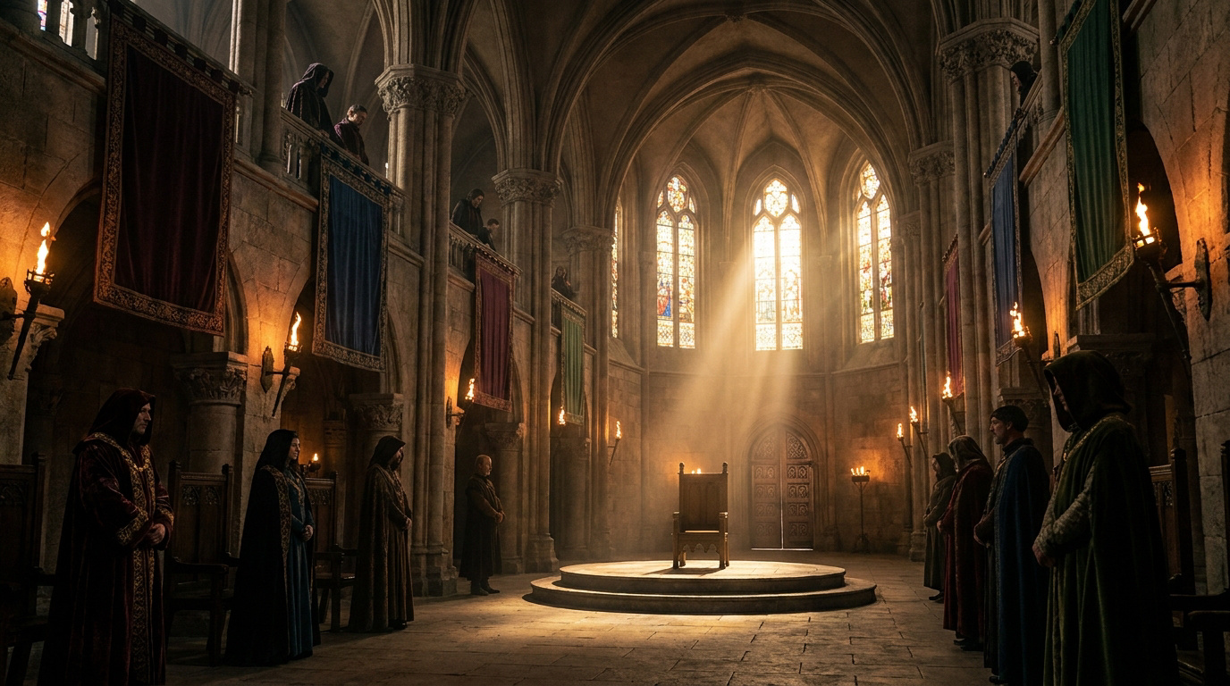 Une salle de cérémonie sombre et médiévale avec un trône vide baigné par un rayon de soleil traversant des vitraux.