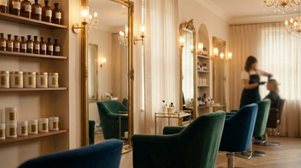 Dans un institut de beauté, étagères de produits, miroirs dorés, fauteuils velours. Une coiffeuse s'occupe d'une cliente.
