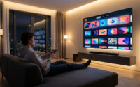 Un homme assis sur un canapé face à une grande télévision 8K affichant une interface de sélection de vidéos colorée.