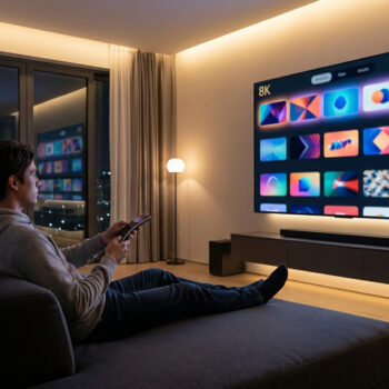 Un homme assis sur un canapé face à une grande télévision 8K affichant une interface de sélection de vidéos colorée.