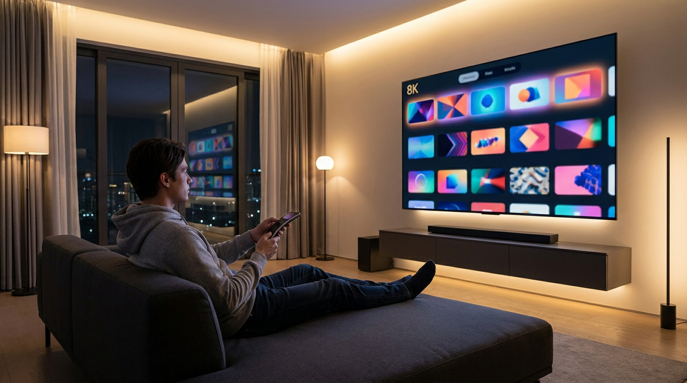 Un homme assis sur un canapé face à une grande télévision 8K affichant une interface de sélection de vidéos colorée.