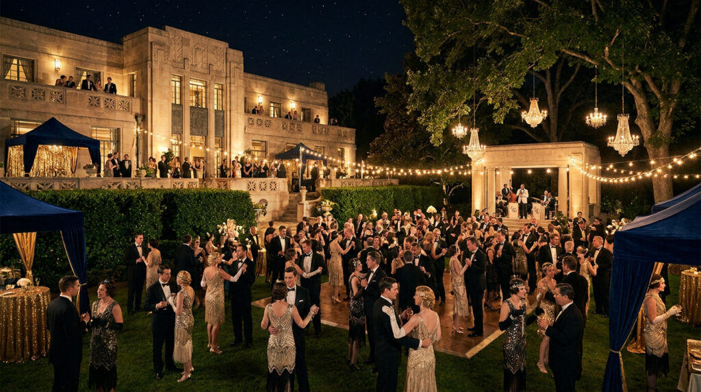 Une foule d'invités en tenues des années 20 danse et socialise lors d'une fête nocturne somptueuse devant un grand manoir.
