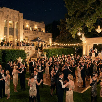 Une foule d'invités en tenues des années 20 danse et socialise lors d'une fête nocturne somptueuse devant un grand manoir.