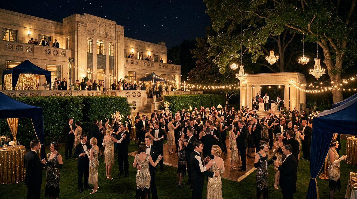 Une foule d'invités en tenues des années 20 danse et socialise lors d'une fête nocturne somptueuse devant un grand manoir.