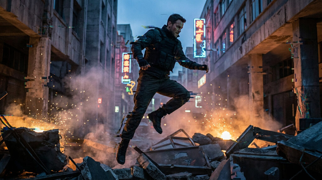 Frank Grillo saute au-dessus de décombres dans une rue urbaine avec des effets visuels de glitch numérique.