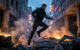 Frank Grillo saute au-dessus de décombres dans une rue urbaine avec des effets visuels de glitch numérique.