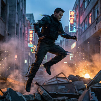 Frank Grillo saute au-dessus de décombres dans une rue urbaine avec des effets visuels de glitch numérique.