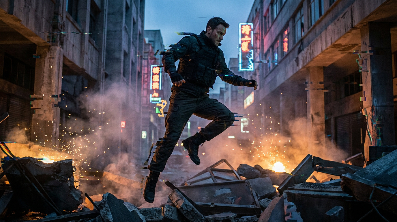 Frank Grillo saute au-dessus de décombres dans une rue urbaine avec des effets visuels de glitch numérique.