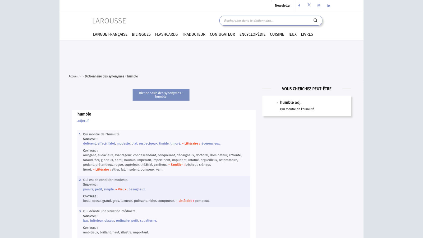 Liste alphabétique des synonymes selon l'intention